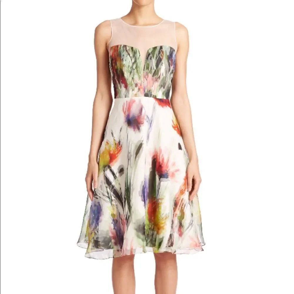 Badgley Mischka Sleeveless 100% Silk Illusion Floral Watercolor Print Dress